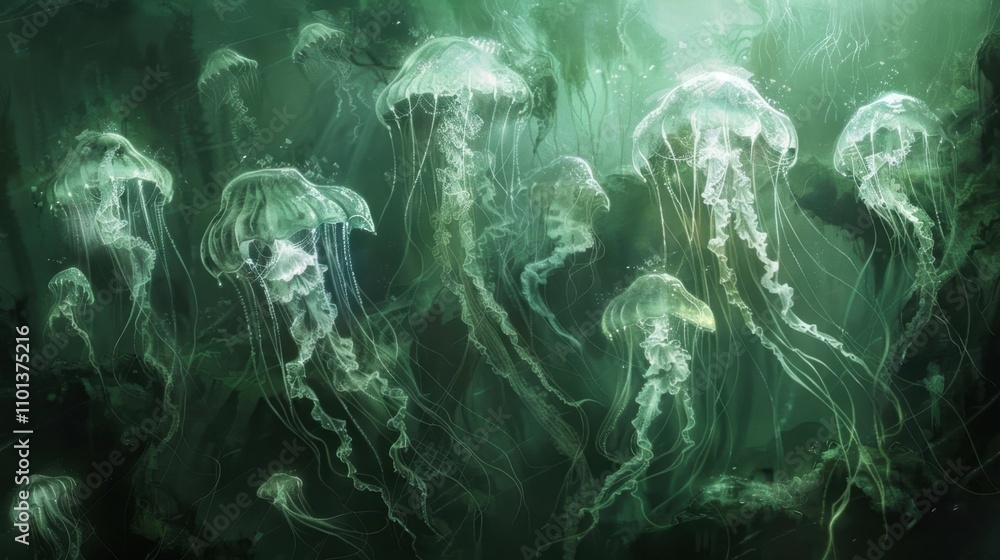 Poster a group of ethereal jellyfishlike creatures with delicate transparent bodies that emit a soft pulsat