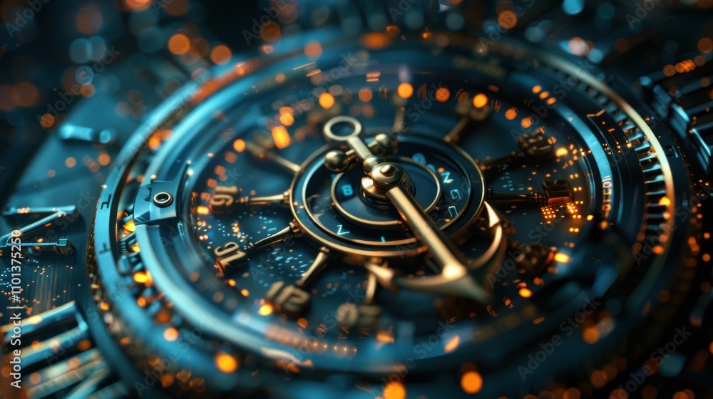 Poster a close-up of an intricate watch mechanism with glowing details and a metallic finish.