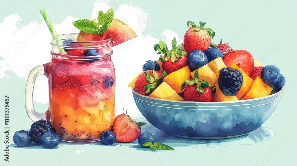 Poster a colorful display of fruit and a refreshing drink in a vibrant, artistic style.