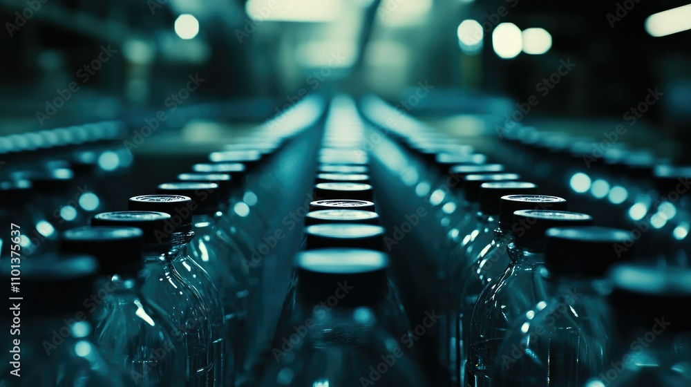 Poster a close-up shot of rows of water bottles, perfectly aligned on a moving conveyor in a bottling facto