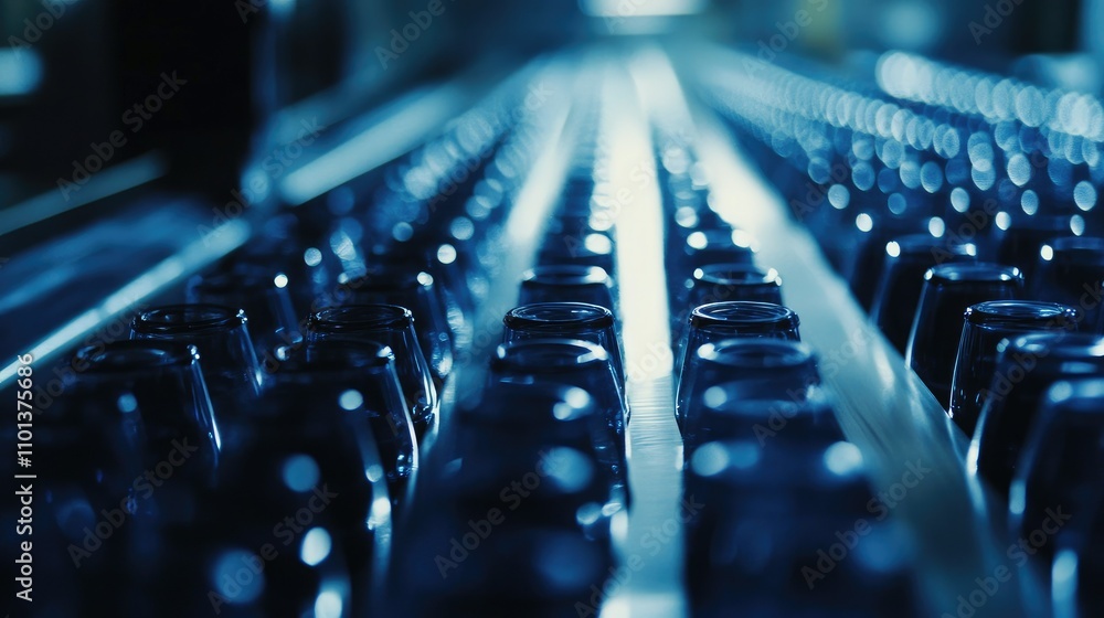 Poster a close-up shot of rows of water bottles, perfectly aligned on a moving conveyor in a bottling facto