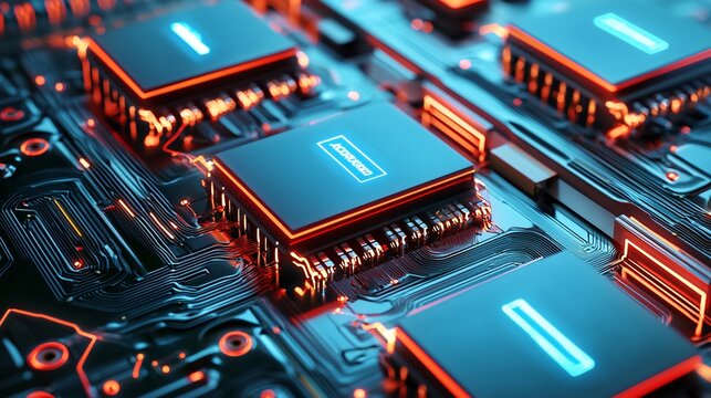 Futuristic Circuit Board with Glowing Chips and Neon Lights