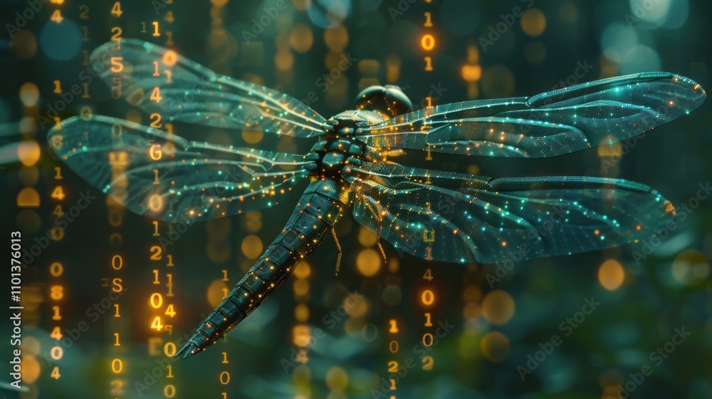 Poster a digital dragonfly amidst a backdrop of glowing binary code.