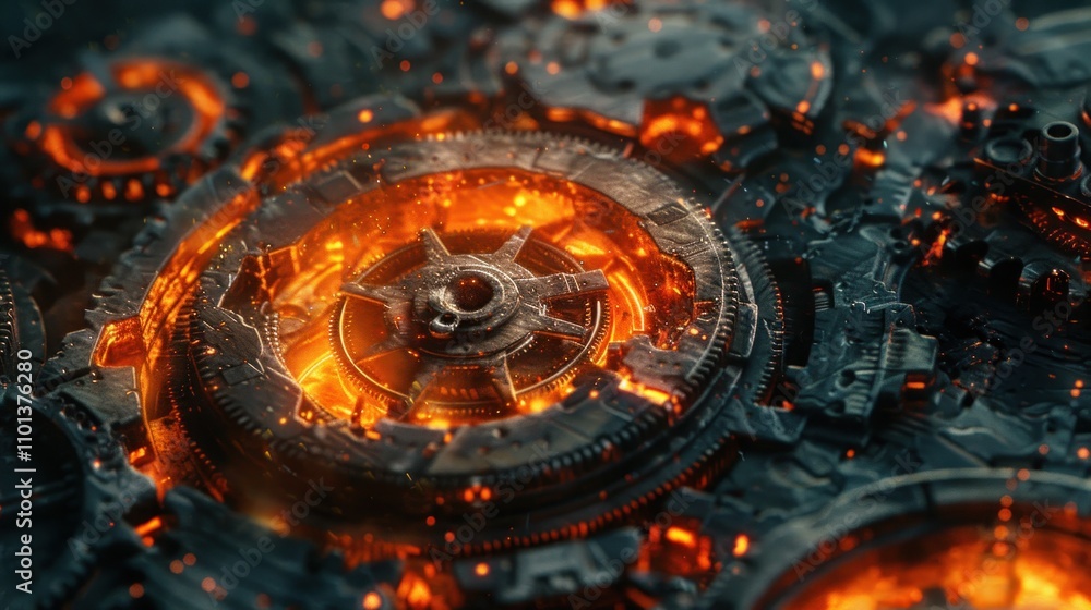 Poster a close-up view of intricate mechanical gears glowing with orange light.