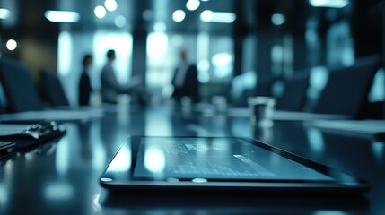 Blue-toned conference room with digital tablet foreground