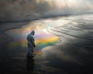 lone figure in hazmat suit examines pollution on a reflective beach, a somber symbol of environmental crises