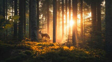 Obraz premium Serene Forest Sunrise with Fox Amidst Tall Trees Captured in Golden Light