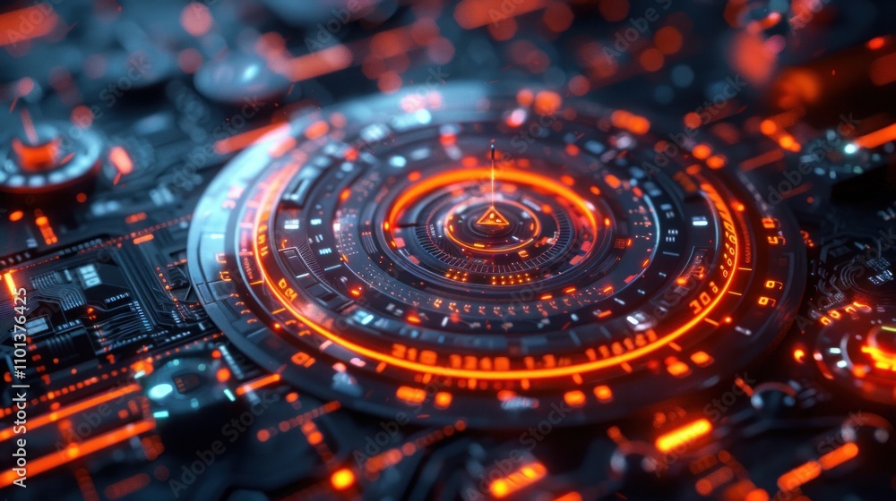 Poster a futuristic circuit board design with glowing orange patterns and intricate details.