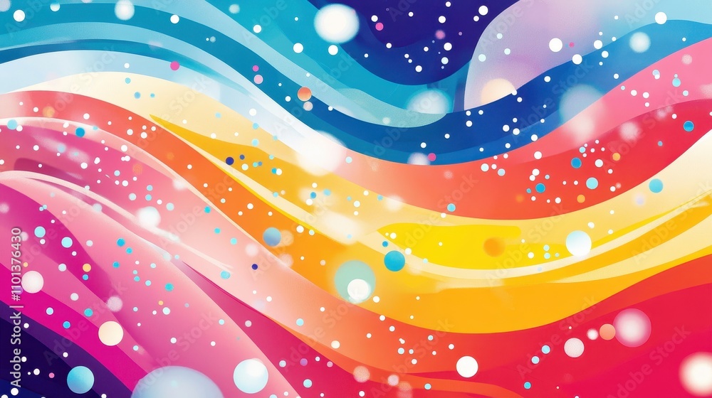 Poster vibrant abstract waves with dynamic colors and playful dots creating a joyful and energetic atmosphe
