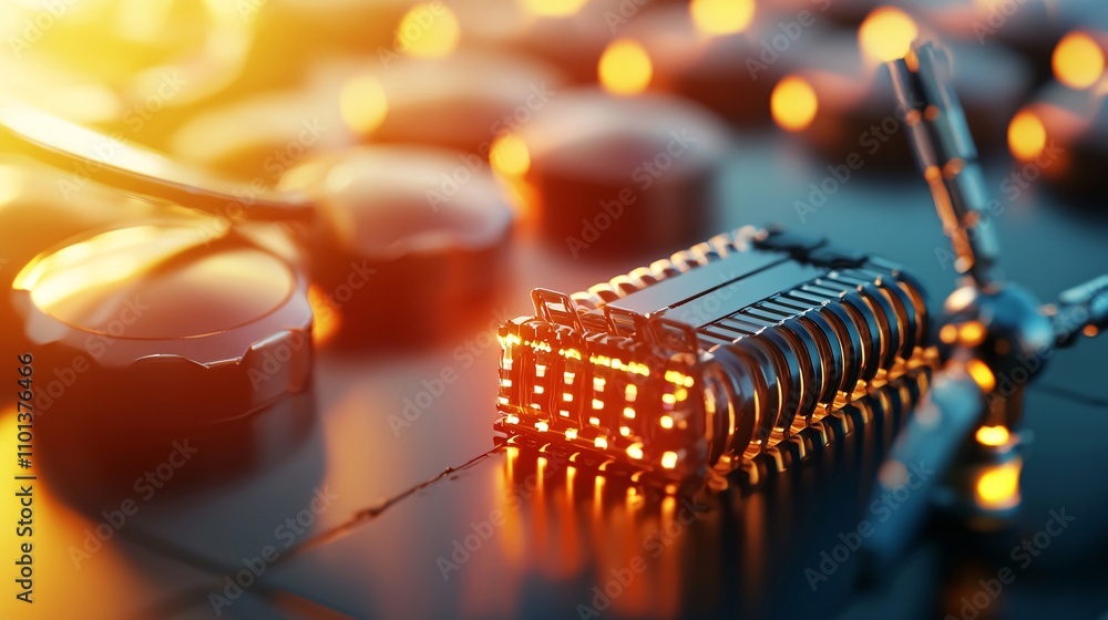 Poster close-up view of futuristic technology with neon lights and circuits
