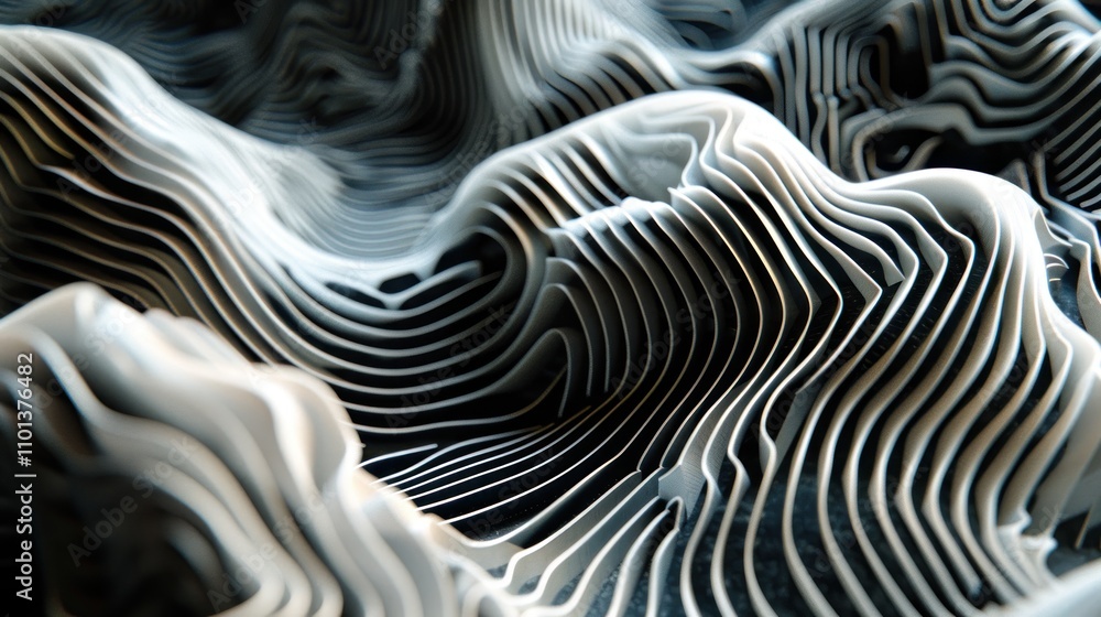 Poster abstract depiction of layered, wavy lines creating a dynamic, textured surface.