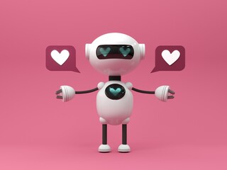 Friendly cute cartoon robot - 3d render. Technology concept. Customer support chatbot, online consultant, assistant, kawaii bot. Social media apps, UI and UX web design, application development.