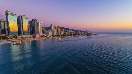 Fototapeta premium Generative AI, Coastal Cityscape at Sunset with Glass Skyscrapers and Ocean Views