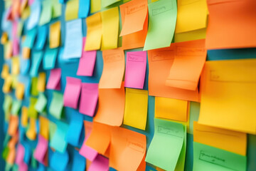 Colorful sticky notes on a wall, forming a vibrant mosaic of ideas and reminders in a workspace, adding a pop of creativity to the environment.
