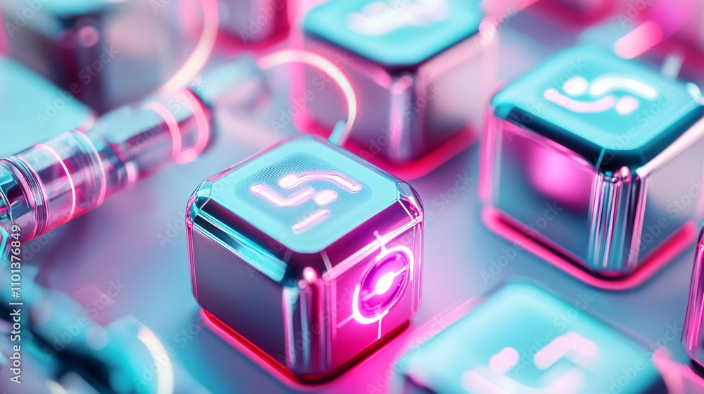 Poster futuristic neon keyboard keys with colorful glow effects