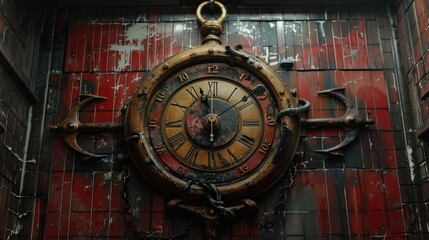 Obraz premium An ornate, vintage clock with a weathered finish, mounted on a textured wall.