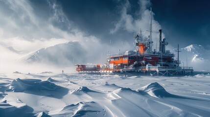 A research station in a snowy, mountainous landscape under dramatic skies.