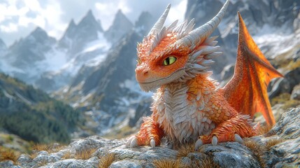 Obraz premium Majestic Fire Breathing Fantasy Dragon Perched on Rugged Mountain Landscape