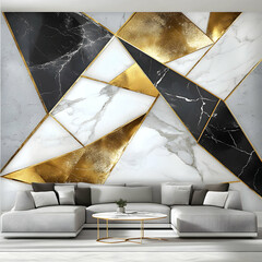 Geometric Abstract Wall Mural, Black, White, Gold Marble Design for Modern Interiors