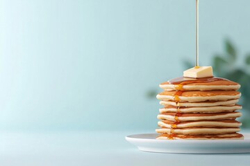 Pouring maple syrup on stack of pancakes with butter on light blue background