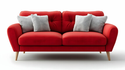 Fototapeta premium Red Upholstered Sofa with Patterned Pillows, Modern Living Room Furniture
