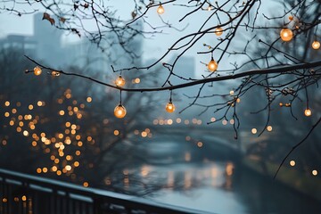 Evening lights illuminate branches along a serene river in a quiet urban setting