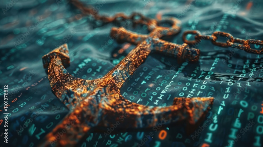 Poster an anchor lies on a digital backdrop, symbolizing stability in a tech-driven world.