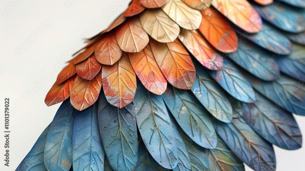 Poster a colorful, artistic representation of feathers crafted from layered materials.
