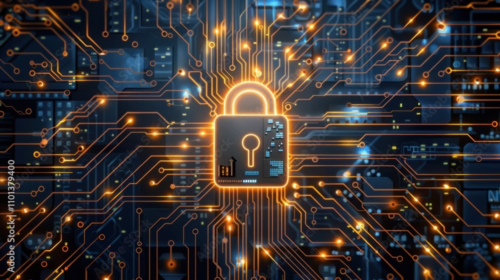 Aufkleber a digital padlock on a circuit board background, symbolizing cybersecurity and data protection.