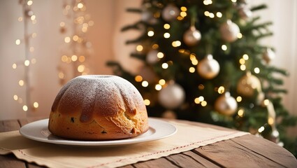 Christmas traditional panettone cupcake lies on a plate on a festive table 2026, decorated Christmas tree in the background