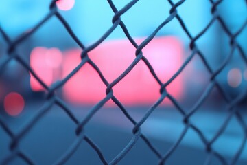 Close up of metal mesh netting with pink and blue background blur