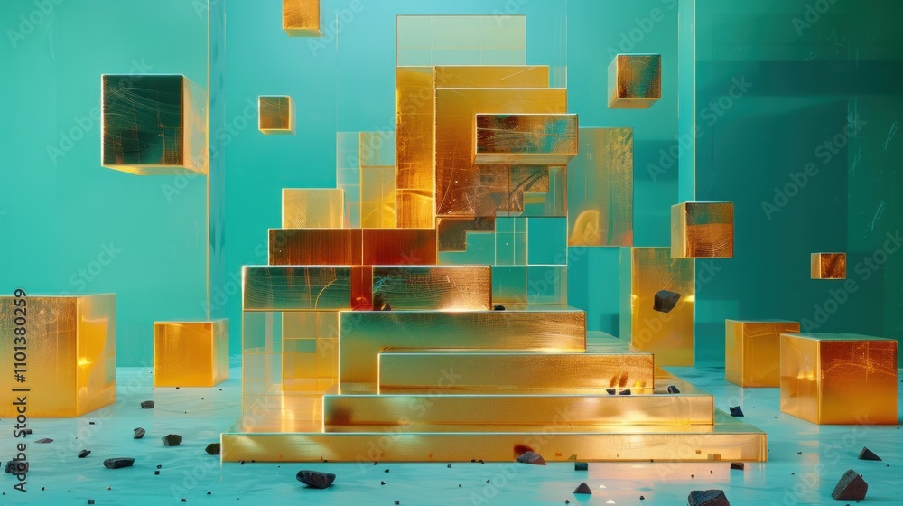 Poster abstract composition of transparent blocks creating a geometric structure in a vibrant setting.