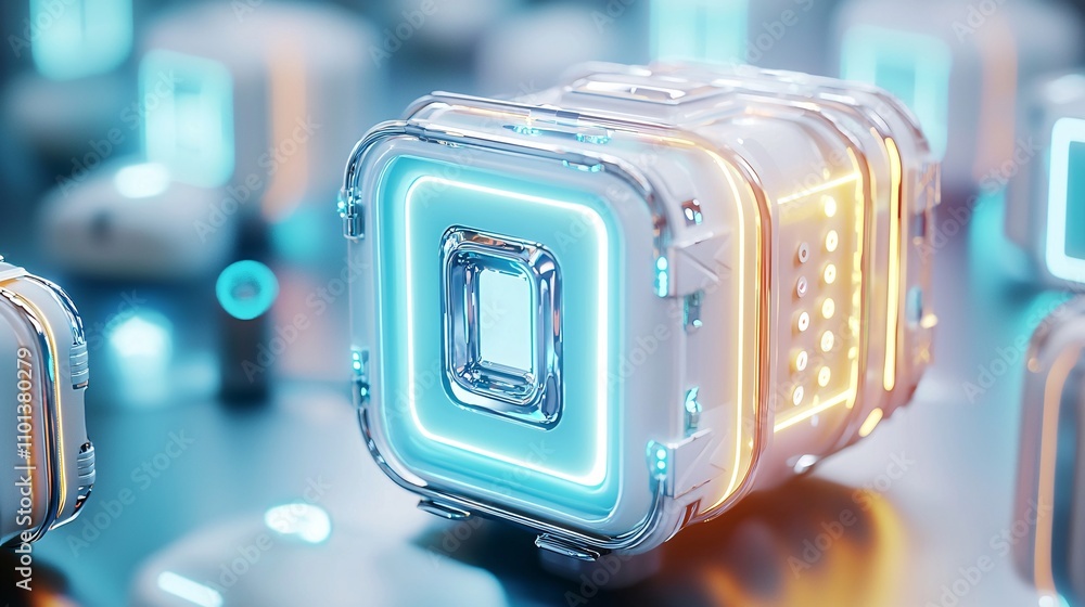 Poster futuristic 3d render of neon glowing box with abstract background
