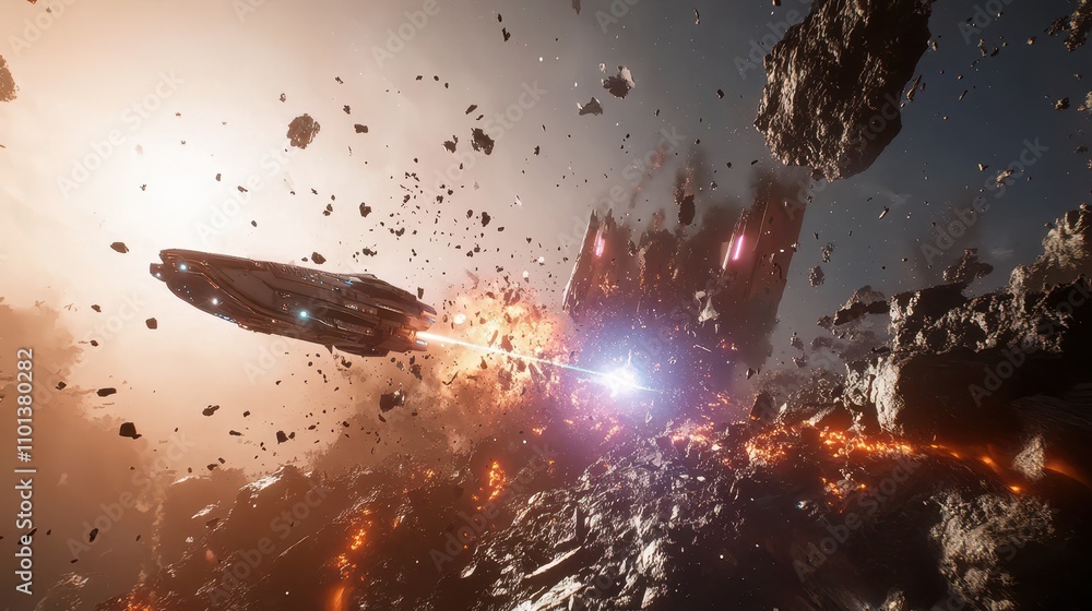 Poster a spacecraft navigates through an asteroid field with explosions and debris in space.