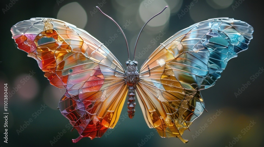 Poster a colorful, translucent butterfly with intricate details and a shimmering appearance.