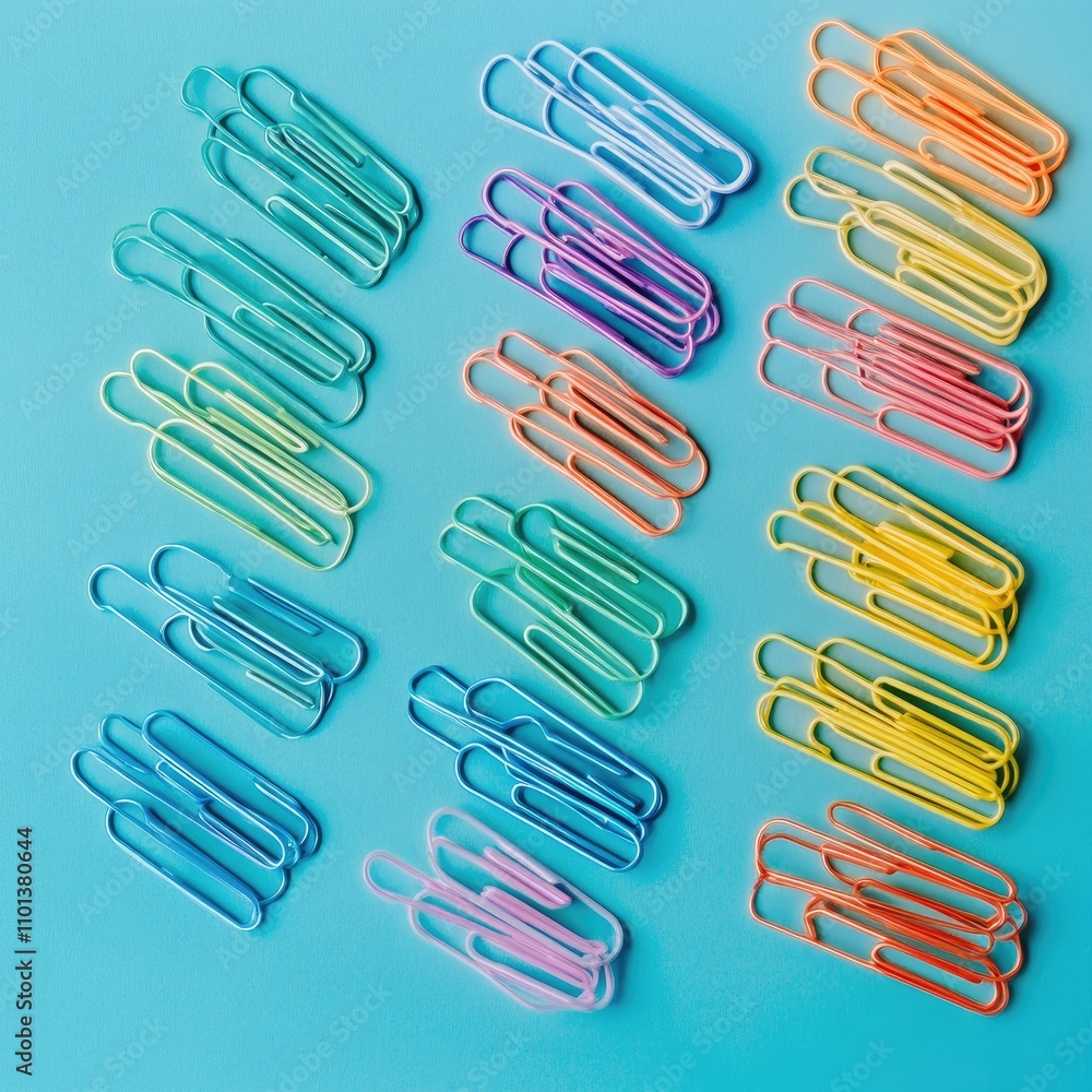 Poster a flat lay photograph of multicolored paper clips arranged in a gradient spectrum over an aqua surfa