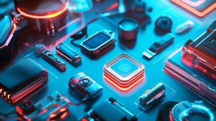 Futuristic Technology Gadgets and Devices on a Vivid Digital Surface