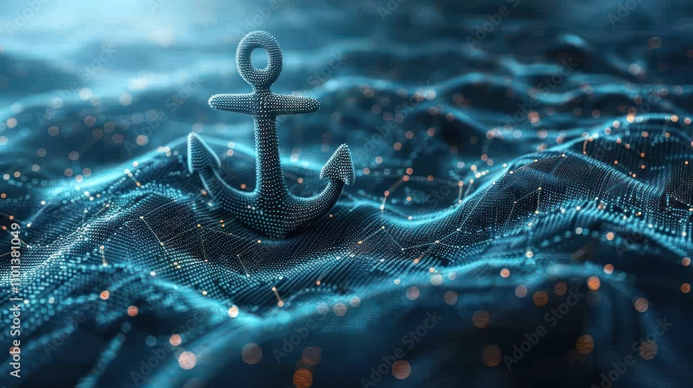 Poster an anchor rests on a digital wave, symbolizing stability in a tech-driven world.