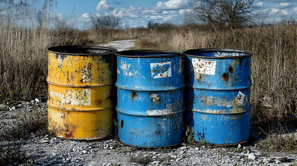 Rusty Metal Barrels in a Rural Landscape, Two Blue, One Yellow Barrel Stand on a Gravel Path.