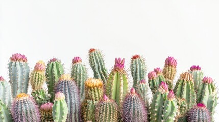 A group of vividly colored cacti with sharp textures popping against a stark and minimalist white backdrop