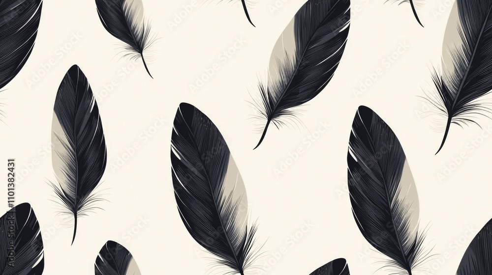 Poster stylish design features a minimalist vector pattern with intricate black feathers arranged on a soft