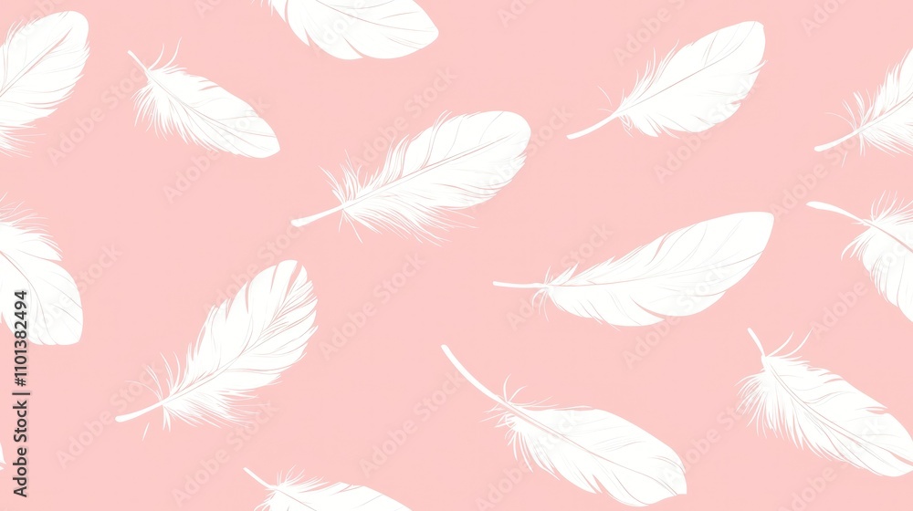 Poster delicate white feathers scattered across a soft pink backdrop create a calming and stylish pattern, 