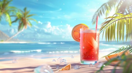 Obraz premium Fresh cold cocktail on tropical beach with palm trees, AI generated image