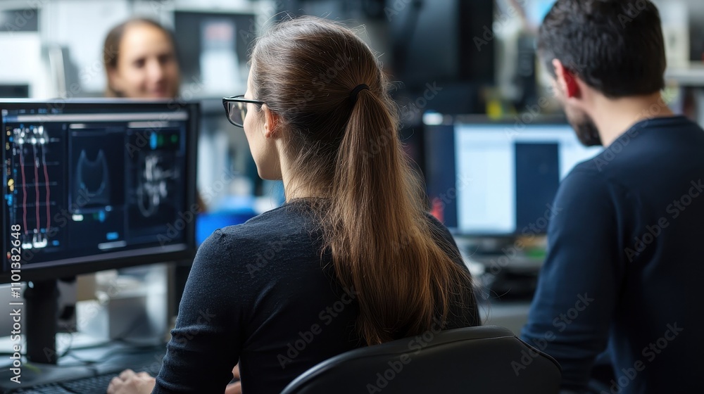 Poster office team collaborating on cutting-edge technology project in modern workspace