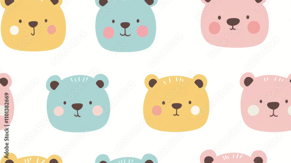 Poster this design showcases an adorable arrangement of bear faces in soft pastel hues, creating a cheerful