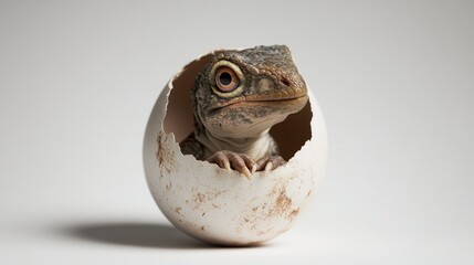 A just-hatched dinosaur peeks out from its egg with curious eyes, set against a pure white background