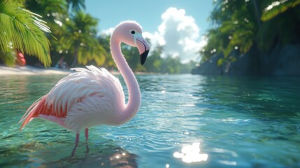 Fototapeta premium Pink Flamingo Paradise: A vibrant pink flamingo stands gracefully in crystal-clear turquoise waters, surrounded by lush palm trees on a tropical beach. The scene is bathed in warm sunlight.