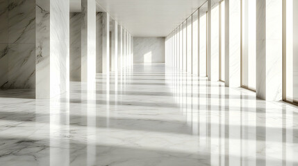 Obraz premium Sunlit Marble Hallway, Elegant Architecture, Light & Shadow interplay across Polished Floor, creating a Serene Atmosphere.