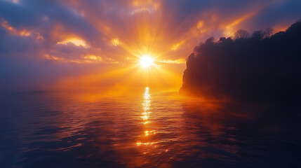 Sunset, sea level, cliff, golden rays of light shining on the water surface, silhouette photography, orange and yellow colors 