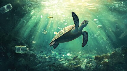 Obraz premium A lonely sea turtle navigating amidst a school of fish and scattered plastic bottles, with sunlit waters above